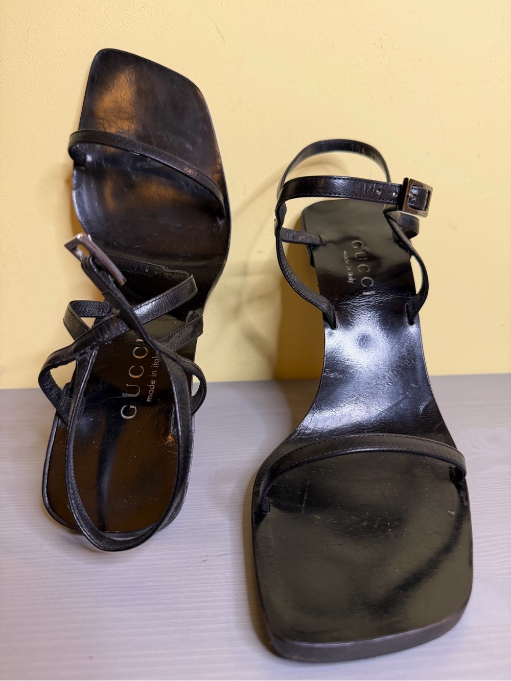 Vintage Gucci (Tom Ford era) Black Strappy Square-Toe Leather Heels, size 10.5